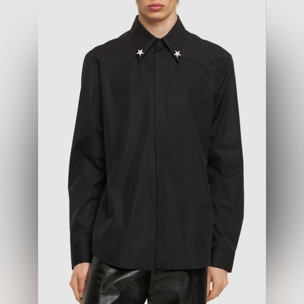 S-3. NWT BALMAIN EMBROIDERED STAR COLLAR COTTON SHIRT